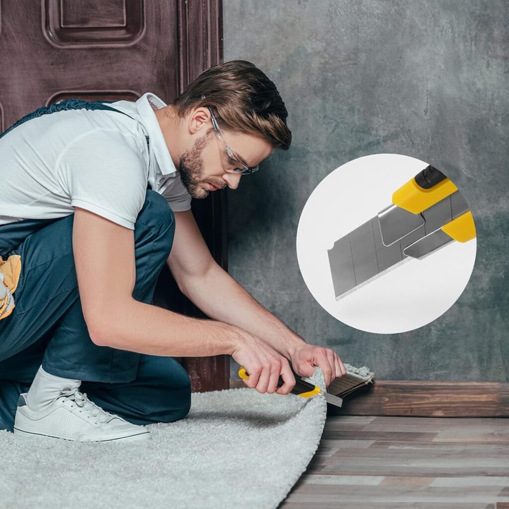 A man is using a utility knife to cut a carpet