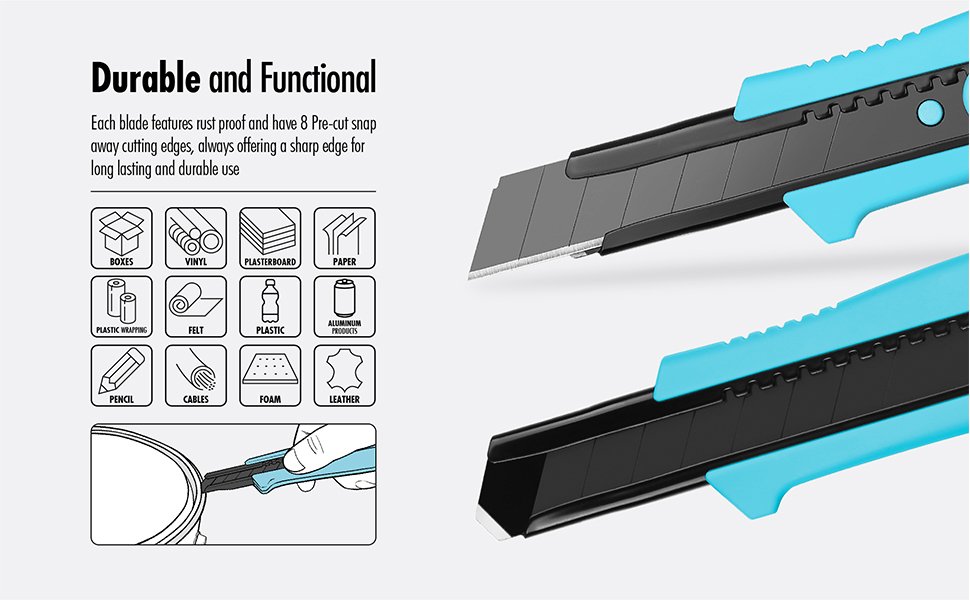 Each blade features rust proof and have 8 Pre-cutsnap away cutting edges alway offering sharped long lasting and durable use