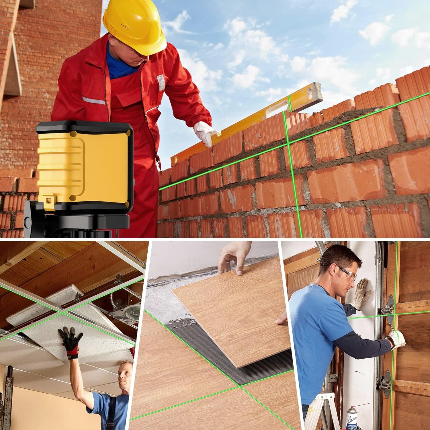 A construction worker using a rotary laser level to ensure a level foundation